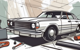 A lost service booklet with a car and a mechanic's tools scattered around