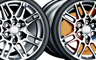 Heavily soiled aluminum car wheels before and after being cleaned