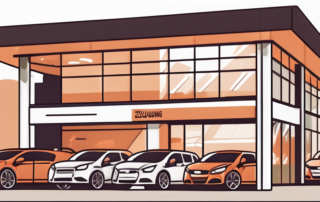 A car dealership with a variety of cars and a prominent sign indicating 'tageszulassung'