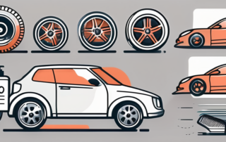 A set of car wheels being cleaned with a variety of cleaning tools and products