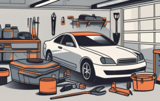A car parked in a garage with various car maintenance tools scattered around