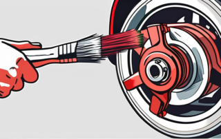 A paintbrush applying vibrant red paint to a car's brake caliper