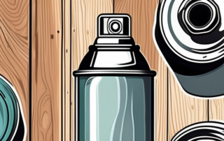 A spray can spraying primer paint onto a wooden surface