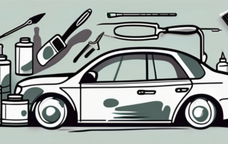 A car bumper with various tools and paint cans around it