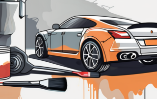 A brake caliper (bremssattel) with a paintbrush and a paint can nearby