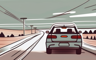 A car connected to a battery charger with a road stretching into the distance