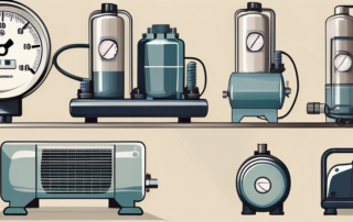 Various types of air compressors with pressure gauges