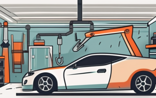 A car in a garage with visible signs of damage