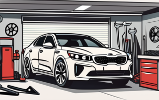 A kia car in a garage with various mechanic tools around