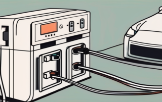 A car battery connected to a charger with a timer showing the progress of the charge