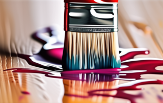 A paintbrush applying glossy synthetic resin paint on a wooden surface