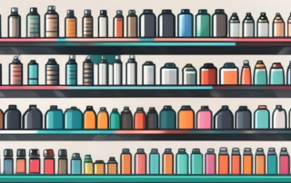 Various types of spray cans arranged neatly on a shelf