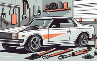 A car in a garage with visible dents and scratches