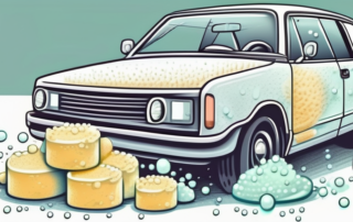 A car covered in soap suds with a bucket and a sponge beside it