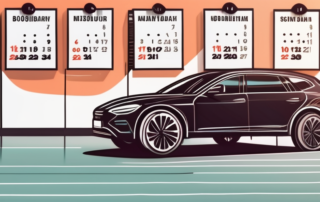 A car dealership with a row of new cars and a large calendar showing a single day marked in the background