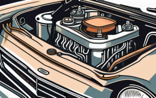 A car's engine with a dripping oil can above it