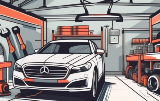 A car in a service garage with various tools and equipment around