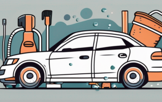 A car being washed with various car cleaning tools such as a bucket