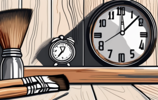 A paintbrush applying clear varnish on a wooden surface with a visible clock in the background to indicate the passage of time
