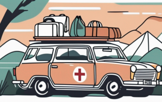 A car parked in a picturesque holiday destination with various travel essentials like luggage