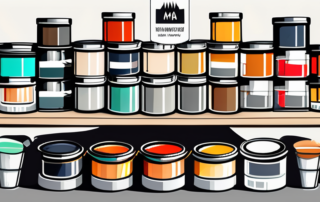 Various types of mipa paint cans with brushes and a color palette