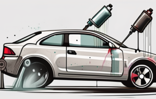 A spray gun applying paint on a car part