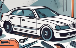 A car bumper with deep scratches being repaired with various car repair tools nearby