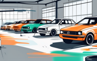 A variety of cars in different stages of being painted with water-based paint