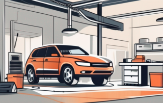 A car in an open garage with a wrench and a laptop