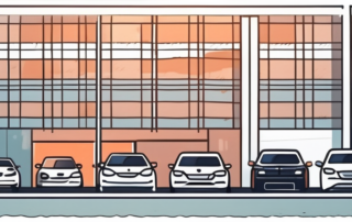 A car dealership with a variety of cars and a large