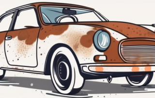 A car with small rust spots being treated with tools and rust remover products