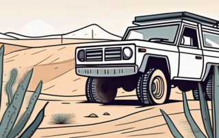 A car covered in sahara dust parked in a desert landscape