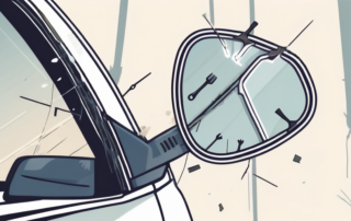A broken car side mirror with tools like a screwdriver