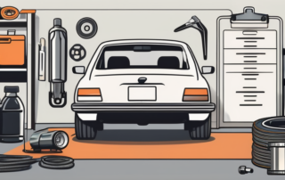 A car in a garage with various car parts laid out and a clipboard with a checklist