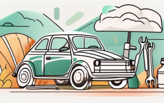 A car parked in a sunny environment with a mechanic's tools nearby