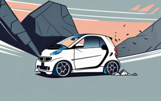 A smart car with a dented hood due to a falling stone