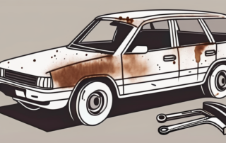 A car with visible rust spots on the body and a set of tools nearby
