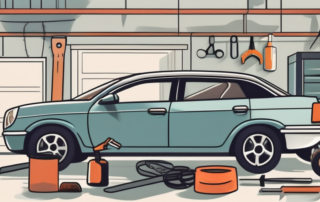 A car in a garage with various tools around