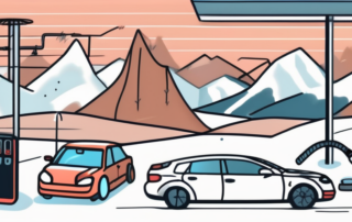 A car parked on a snowy landscape with various car maintenance tools like a battery tester