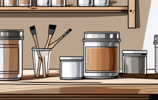 Various types of clear varnish in cans with a paintbrush