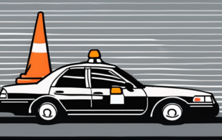 A phone next to a police car and a traffic cone