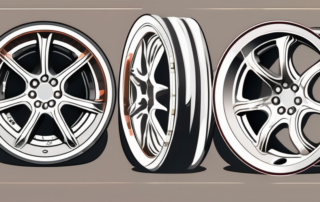 A set of dirty car rims before cleaning and a set of sparkling clean car rims after cleaning