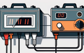 A car battery with visible terminals and a multimeter showing the charging voltage