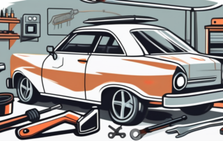 A car in a garage with visible dents and scratches