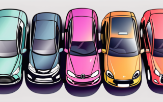 Several different types of cars in a variety of vibrant and popular colors
