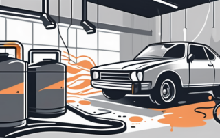A car being spray painted in a well-ventilated garage