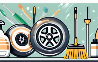 A variety of car wheels with different types of cleaning tools and products