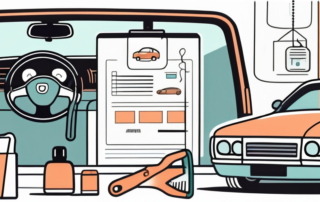 A car with visible subscription tags hanging from the rearview mirror