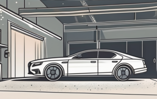 A car parked in a garage surrounded by dust particles