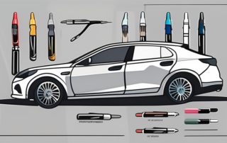 Various car paint pens neatly arranged next to a car with a small scratch